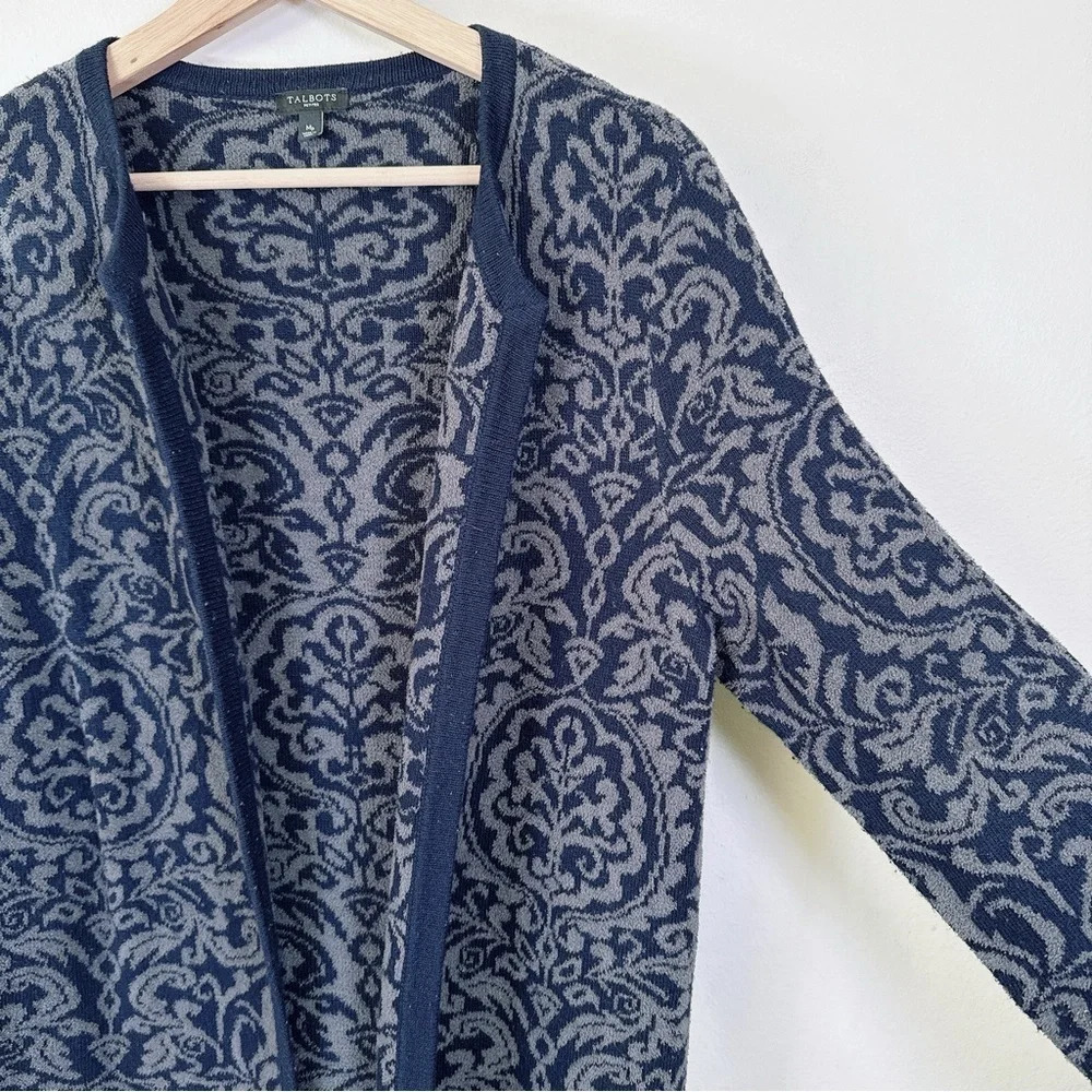 Talbots Open Front Cashmere Blend Navy Jacquard Cardigan - Picture 8 of 16